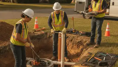 Septic repair technician inspecting a Harrisburg, PA home drain line for on-call plumbing service