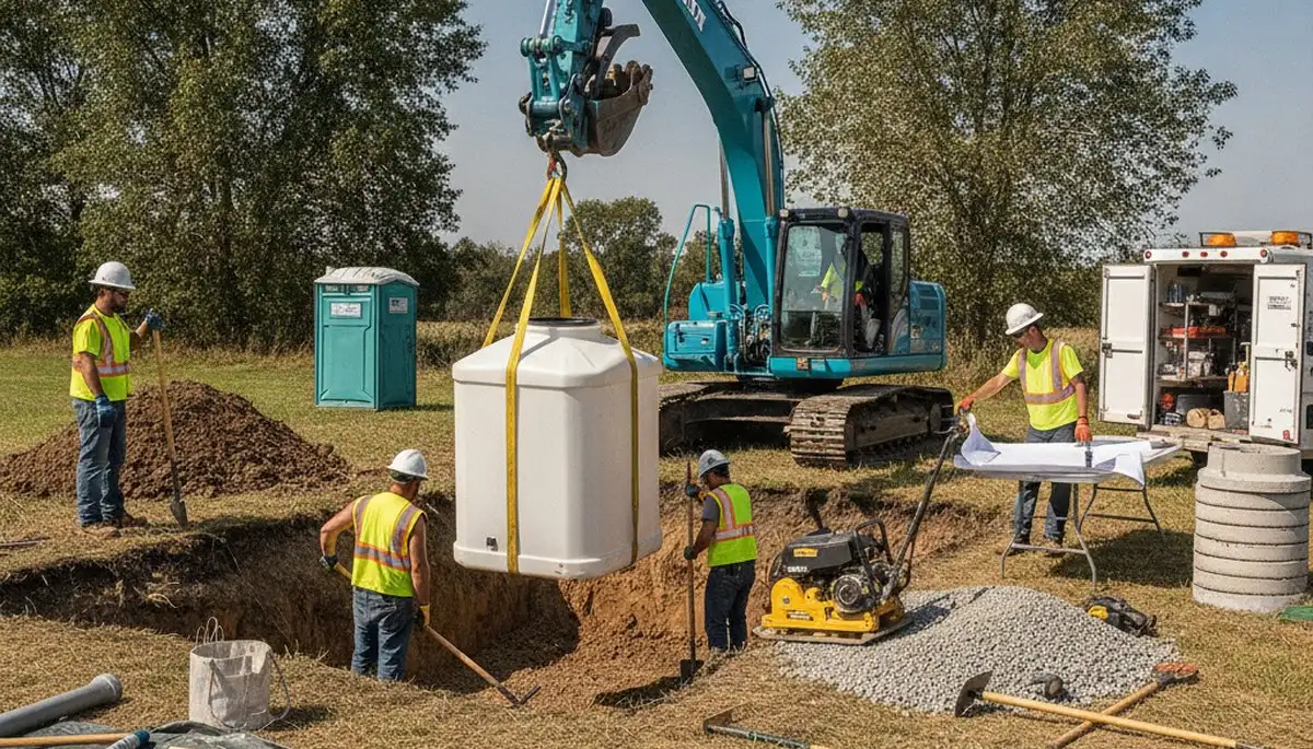 Septic tank installation crew setting up system for Harrisburg, PA home plumbing service